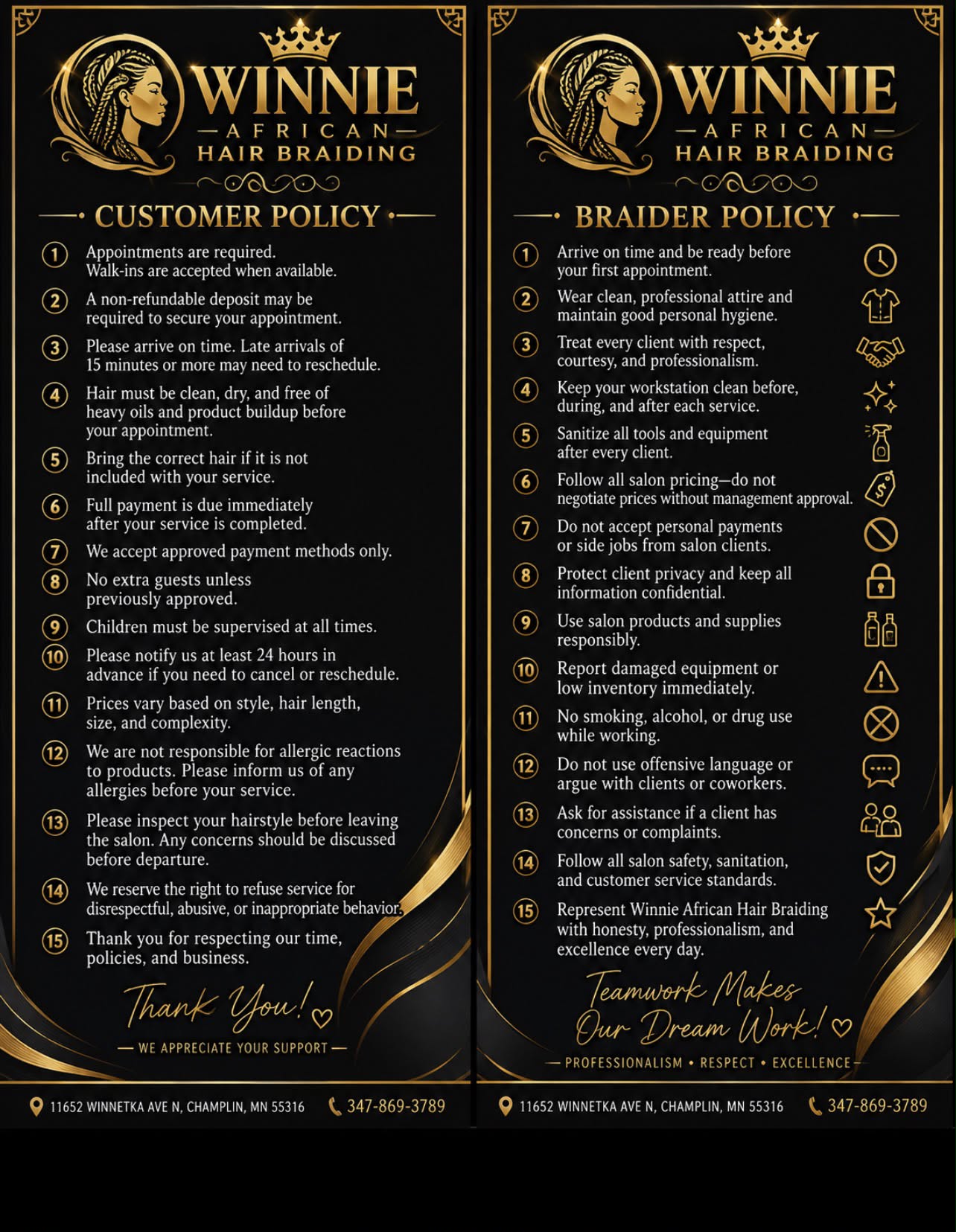 Winnie's African Hair Braiding policy poster covering customer policies (appointments, deposits, punctuality, clean hair, payment, guests, cancellations) and braider policies (professionalism, hygiene, sanitation, pricing, confidentiality)